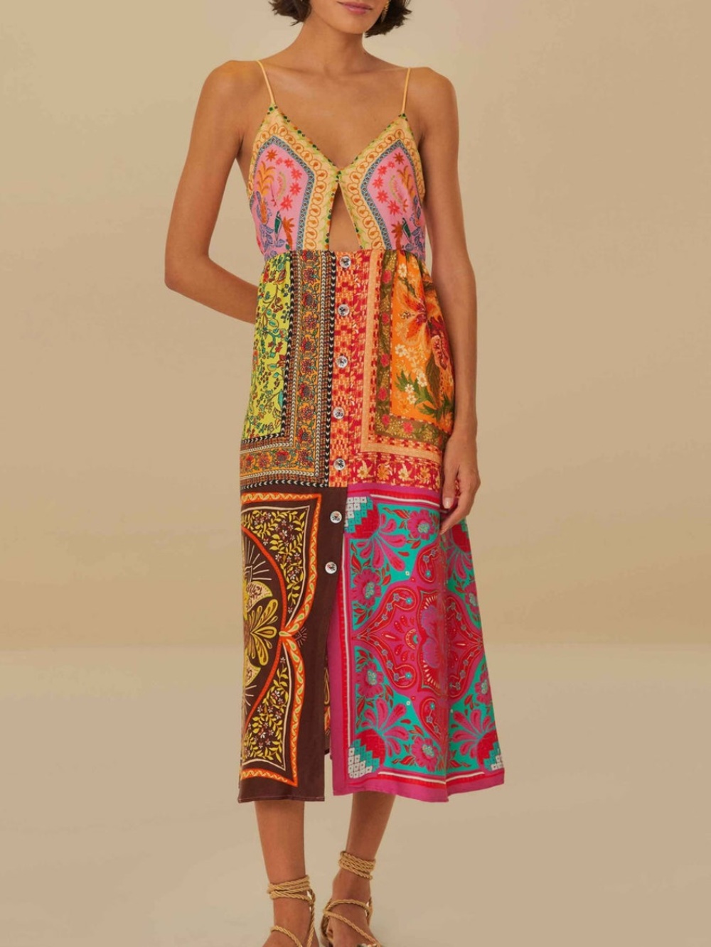 Farm Rio Multicolor Mixed Scarves Midi Dress - Picture 1 of 9